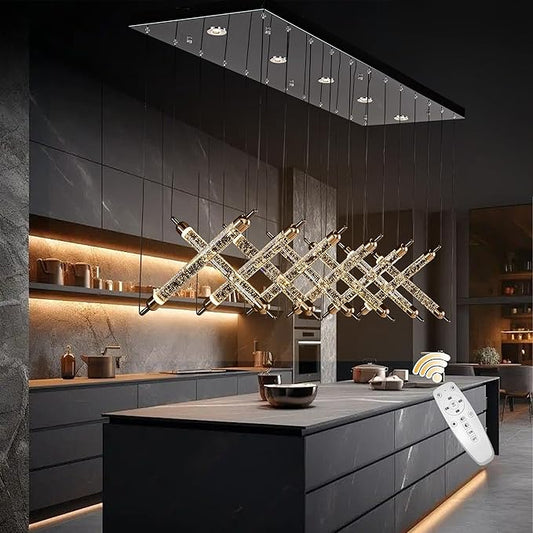 55" LED Rectangular Crystal Chandeliers for Dining Room, Modern Rectangle Crystal Chandelier, Luxury, Dimmable LED with Remote, for Kitchen Island, Dining Room