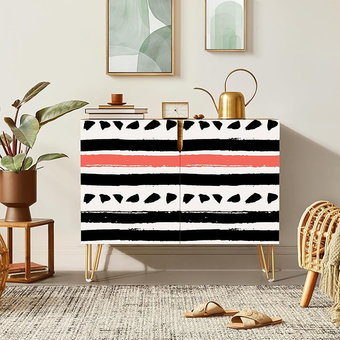 SIGNWIN Sideboard Buffet Cabinet, Kitchen Storage Cabinet with 2 Doors, Black & Red Geometric Line Patterns, Cupboard Console Table for Dining Room - 35" L x 18" W x 29" H
