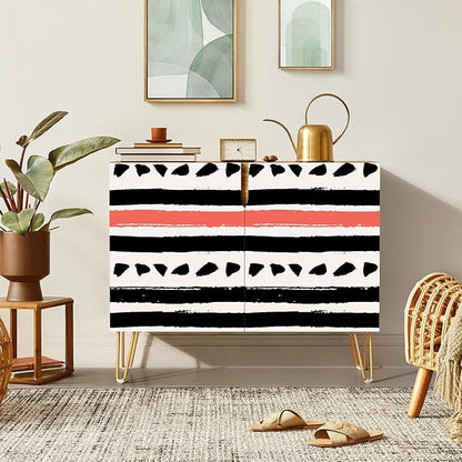 SIGNWIN Sideboard Buffet Cabinet, Kitchen Storage Cabinet with 2 Doors, Black & Red Geometric Line Patterns, Cupboard Console Table for Dining Room - 35" L x 18" W x 29" H