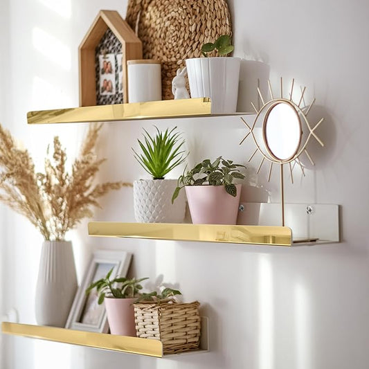 2 Pack 24 Inch Gold Reflective Acrylic Shelves, Gold Foating Shelves, Modern Sunglasses Essential Oil Picture Ledge Display Toy Storage Shelf