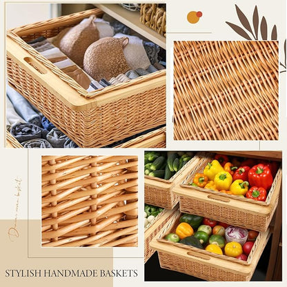 Rustic Wicker Pull out Cabinet Organizer Basket Drawers with Frame and Runners Slide 20" W x 20" l x 8" H for Kitchen Shelf Pantry Storage, Easy DIY Installation