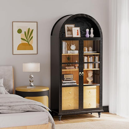 YESHOMY 71" Tall Arched Pantry Cabinet, Storage Cabinets with 2 Large Drawers and 3 Shelves, Wood Bookshelf, Modern Farmhouse Cupboard for Living Room, Kitchen, Dining Room, Black