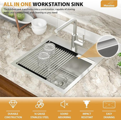 Mocoloo 18 Inch Bar Sink with Faucet, 16 Gauge Drop in Workstation Sink - 18x18x9" Stainless Steel Single Bowl Small Rv Kitchen Sink with Pull-Out Faucet