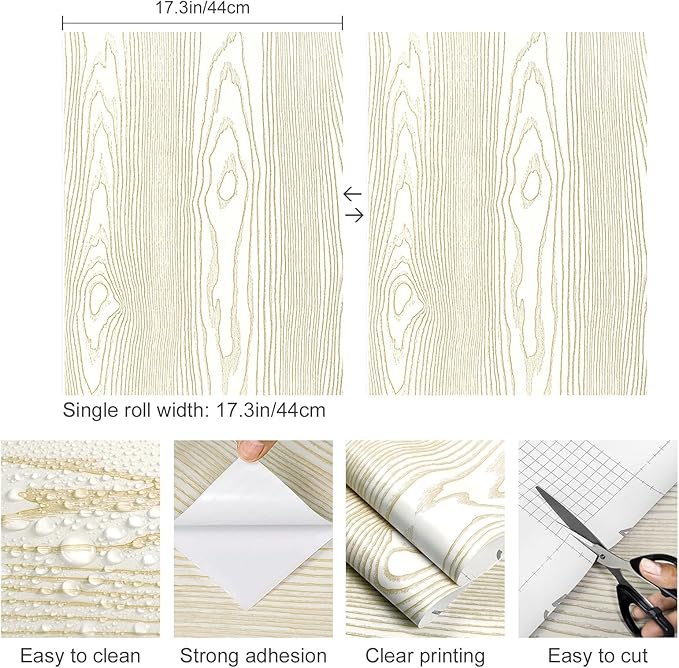 Yun-aeon Beige and Gold Wood Contact Paper 17.3"x80" Rustic Wooden Peel and Stick Wallpaper Removable Self-Adhesive Wallpaper Wood Grain Contact Paper for Countertops Cabinets