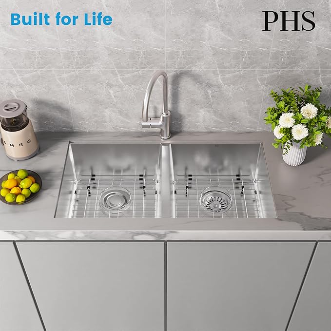 PHS 33-Inch Undermount -50/50 Double Bowl 16 Gauge Stainless Steel Kitchen Sink with Accessories, 9 Inch Deep Sinks with Brushed Finish