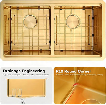 MILOSEN 32 Inch Gold Undermount Kitchen Sink, 50/50 Double Bowl Workstation Sink with Integrated Ledge & Accessories,10''Large and Deep T304 Stainless Steel Handmade Sinks