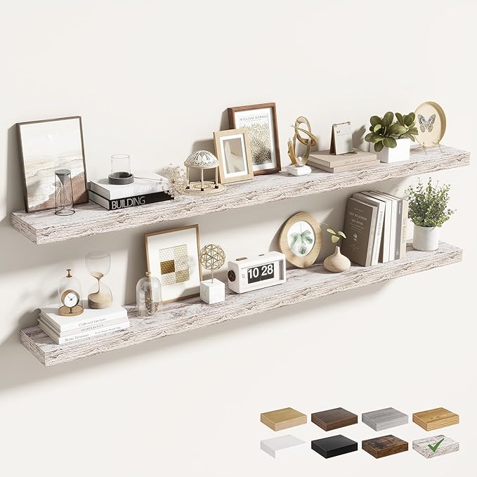 Acovy 55 Inch Floating Shelves for Wall 2 Pack, 55" Wall Shelves for Books, Storage, Decor, Wall Mounted Floating Shelf with Invisible Brackets for Kitchen, Living Room, Rustic