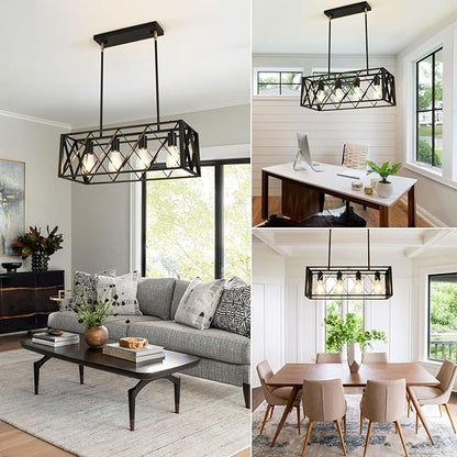 Black Farmhouse Chandeliers for Dining Room Light Fixture Rectangle Kitchen Island Pendant Lighting 4-Light Metal Industrial Linear Chandelier for Kitchen Island