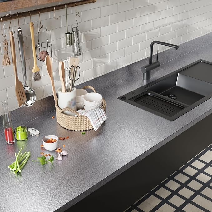 CRE8TIVE Brushed Silver Stainless Steel Contact Paper Peel and Stick Metallic Wallpaper for Kitchen 12"x354" Removable Self Adhesive Silver Contact Paper for Cabinets Waterproof Vinyl Backsplash Walls