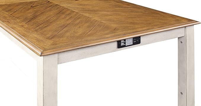 New Classic Furniture Amy Farmhouse Kitchen Counter Island Dining Table for 4 with Storage Shelf & USB Chargers, 60-Inch, Two Tone Vintage White/Brown