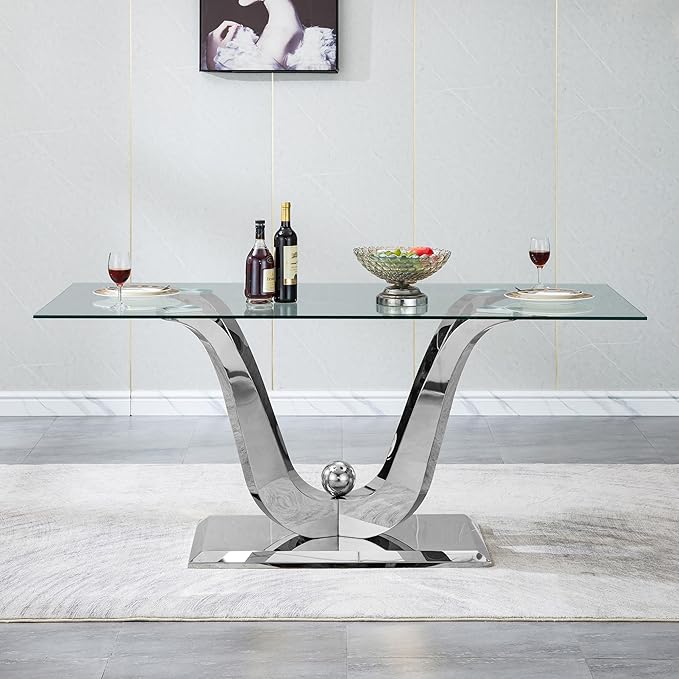 70" Glass Dining Table for 6-8, Modern Dining Room Table with 0.39" Tempered Glass Top and Dual U-Shaped Silver Stainless Steel Base, Rectangle Kitchen Dinner Table for Dining Room