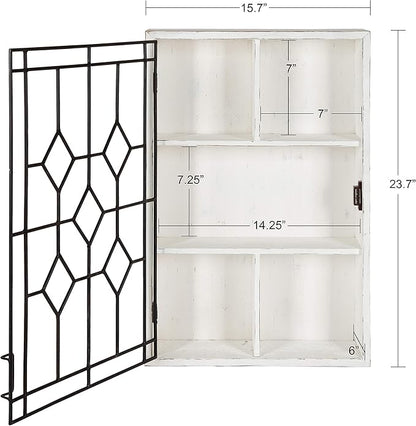 Kate and Laurel Megara Decorative Wooden Wall Hanging Curio Cabinet for Open Storage with Decorative Black Iron Door, Whitewash Finish