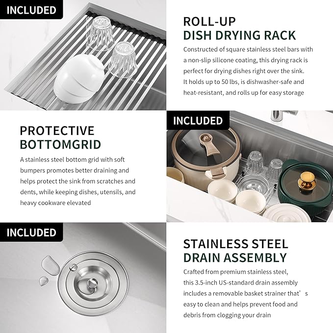 25-inch Undermount Kitchen Sink Workstation, SINKVINE 25x19 Outdoor Sink BBQ, Stainless Steel Single Bowl Basin w/Drain Strainer, Bottom Grid, Roll-up Drying Unit, Wood Cutting Board, Deep Colander