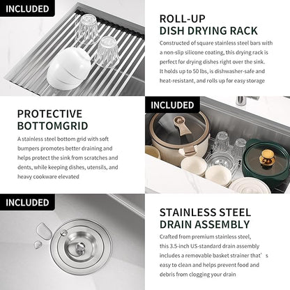 25-inch Undermount Kitchen Sink Workstation, SINKVINE 25x19 Outdoor Sink BBQ, Stainless Steel Single Bowl Basin w/Drain Strainer, Bottom Grid, Roll-up Drying Unit, Wood Cutting Board, Deep Colander