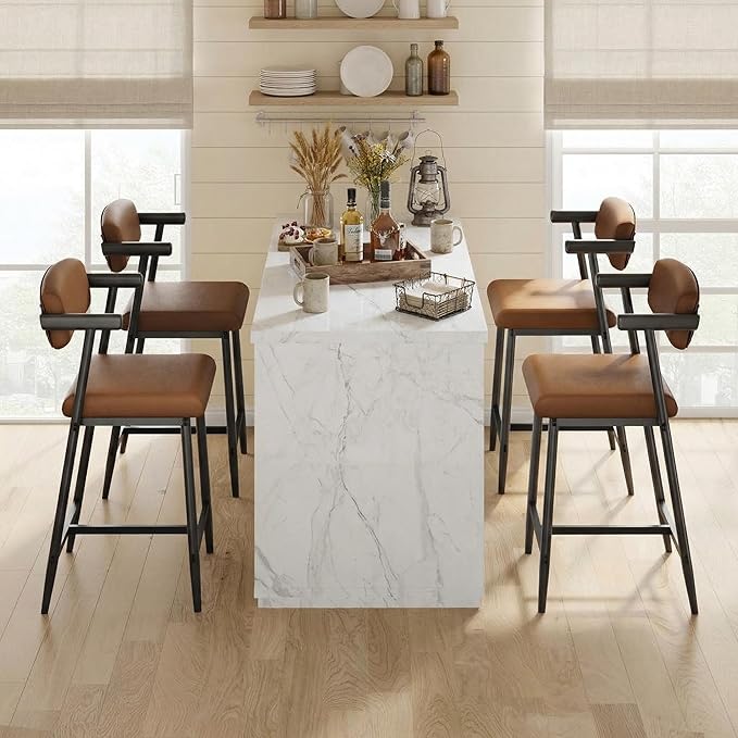 GarveeHome Counter Height Bar Stools Set of 8 with Armrests, 26" Upholstered 8pcs Tall Bar Stools Set, Long Backrest & Extra Thick Cushion, Modern High Barstools for Kitchen Island, Pub, Coffee Brown