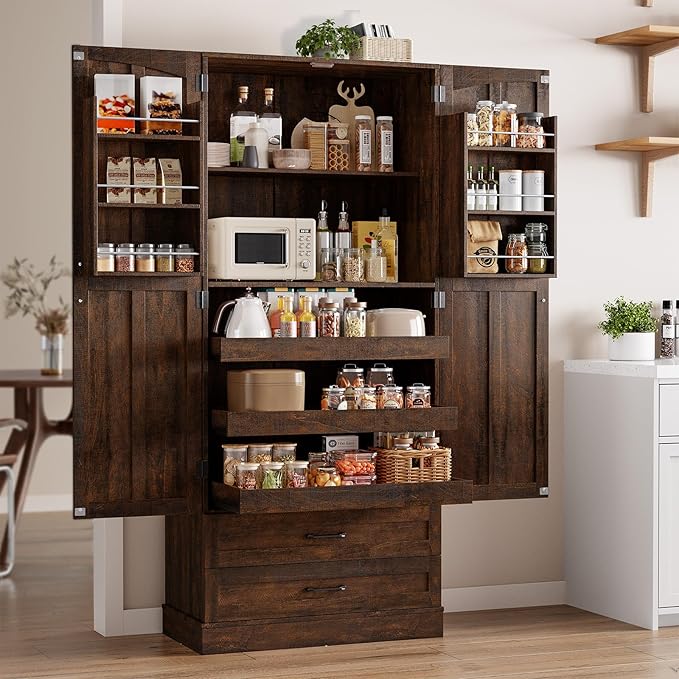 ONBRILL 71" Tall Farmhouse Kitchen Pantry Cabinet with 3 Pull Out Shelves & 2 Large Drawers, Pantry Storage Cabinet with 6 Door Shelf & Adjustable Shelf, Freestanding Cupboard for Kitchen, Dining Room