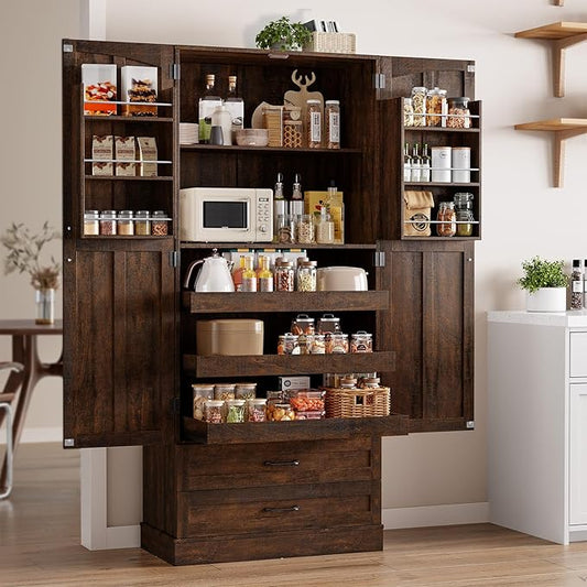 ONBRILL 71" Tall Farmhouse Kitchen Pantry Cabinet with 3 Pull Out Shelves & 2 Large Drawers, Pantry Storage Cabinet with 6 Door Shelf & Adjustable Shelf, Freestanding Cupboard for Kitchen, Dining Room