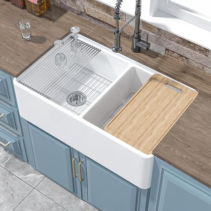Double Bowl Farmhouse Sink Workstation White 33 x 20 Inch, Firecaly Apron Front Undermount Farm Sink Reversible(Sleek & Fluted Optional), Heavy-duty Dual Basin 50/50, for Kitchen
