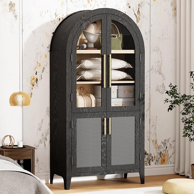 63" Arched Storage Cabinet with Glass & Rattan Door, 5-Tier Modern Farmhouse Kitchen Pantry Cabinet Kitchen Storage Cabinet Adjustable Shelf for Living Room Dining Room Office, Black