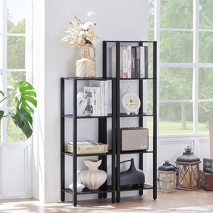 YUFAM 4 Tier Tall Wooden Bookshelf with Storage - Small Bookcase for Small Spaces, Shelf for Living Room, Office, Bedroom, Kitchen - Industrial Modern Black Book Shelf