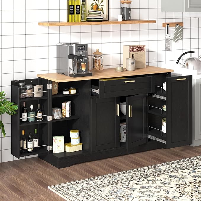 34.1"H Folding Dining Table with Drawers and Cabinets, Kitchen Island with Adjustable Shelves and 3-Tier Pull-Out Rack, Multi-Functional Storage Sideboard for Kitchen, Dining Room, Living Room (Black)