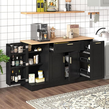 Sideboard Buffet Cabinet with 3-Tier Pull-Out Rack, Multi-Functional Kitchen Island with Adjustable Shelves and Drawers, Wood Buffet Table for Kitchen, Dining Room, Living Room, Black