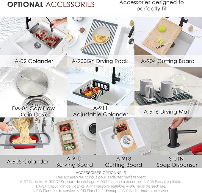Stylish 22 x 17.5 Composite Granite Kitchen Sink, Single Bowl Under Mount & Drop in, 8.25 in Deep, Rear-Center Drain, with Strainer, White, S-822H