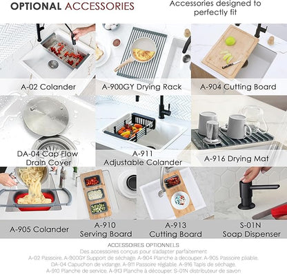 Stylish 22 x 17.5 Composite Granite Kitchen Sink, Single Bowl Under Mount & Drop in, 8.25 in Deep, Rear-Center Drain, with Strainer, White, S-822H