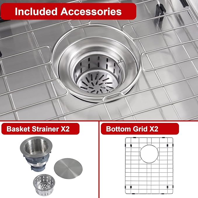 Kitsitchen 31 Inch Double Bowl Undermount Kitchen Sink,16 Gauge T-304S Stainless Steel Kitchen Sink with Drain Strainers & Grids,31" x 18" x 9" Large and Deep Kitchen Sinks,50/50 Design