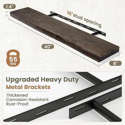 Fun Memories Floating Shelves for Wall Decor Set of 1-40 Inch Solid Elm Wood Live Edge - Rustic Walnut Wall Shelves with Invisible Brackets - for Living Room, Bedroom, Kitchen - Walnut Finish