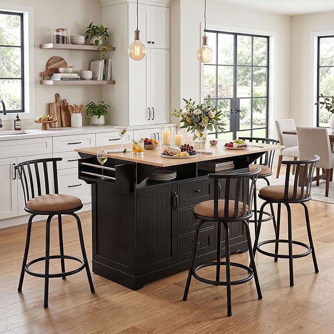 Homy Casa 5 Piece Kitchen Island Set with 4 Swivel Bar Stools, Rolling Kitchen Cart with Drop Leaf, Power Outlet, Drawers and Storage Cabinet, Breakfast Bar Table Set for Dining Room (Black)