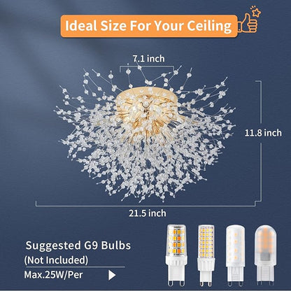 CM MZY Sputnik Flush Mount Ceiling Light Fixtures, Modern Gold Crystal Firework Chandelier, 8-Light Close to Ceiling Lighting Fixtures for Bedroom Kitchen Hallway Entryway(H11.8'' x W21.5'')