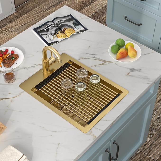 15"x20" Drop In Bar Prep Sink Workstation – Brushed Gold NANO-PVD, 16 Gauge 304 Stainless Steel, Single Bowl Top Mount Wet Bar RV Outdoor Kitchen Sink with Faucet