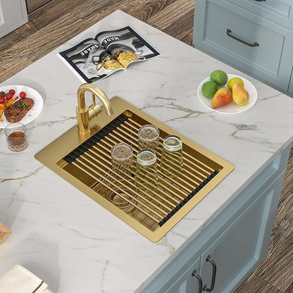 15"x20" Drop In Bar Prep Sink Workstation – Brushed Gold NANO-PVD, 16 Gauge 304 Stainless Steel, Single Bowl Top Mount Wet Bar RV Outdoor Kitchen Sink with Faucet
