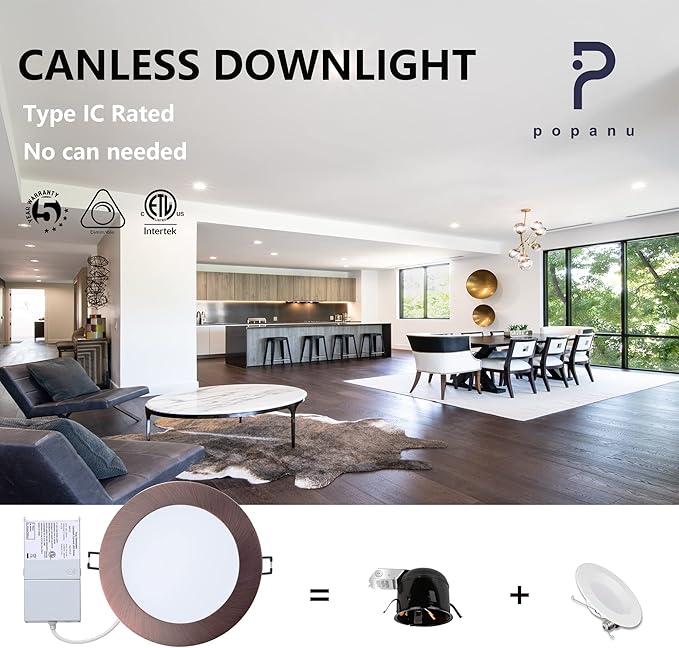 POPANU Premium LED Canless Recessed Downlight Ultra-Thin 5 CCT Adjustable Ceilling Light with Junction Box, 12W Color Temperature Selectable Lighting Fixture, Dimmable, 6 Pack, Oil Rubbed Bronze