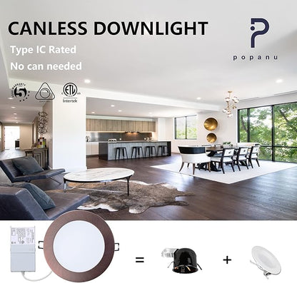 POPANU Premium LED Canless Recessed Downlight Ultra-Thin 5 CCT Adjustable Ceilling Light with Junction Box, 12W Color Temperature Selectable Lighting Fixture, Dimmable, 6 Pack, Oil Rubbed Bronze