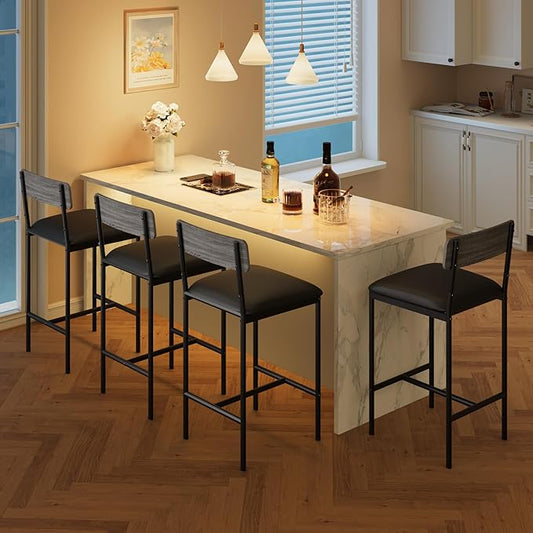 TrailBlaze Bar Stools Set of 4, 25.5'' Counter Height PU Upholstered Barstools with Backrest & Footrest, Modern Metal Legs - Kitchen Island, Dining Room, Apartment - Easy Assembly - Rustic Grey