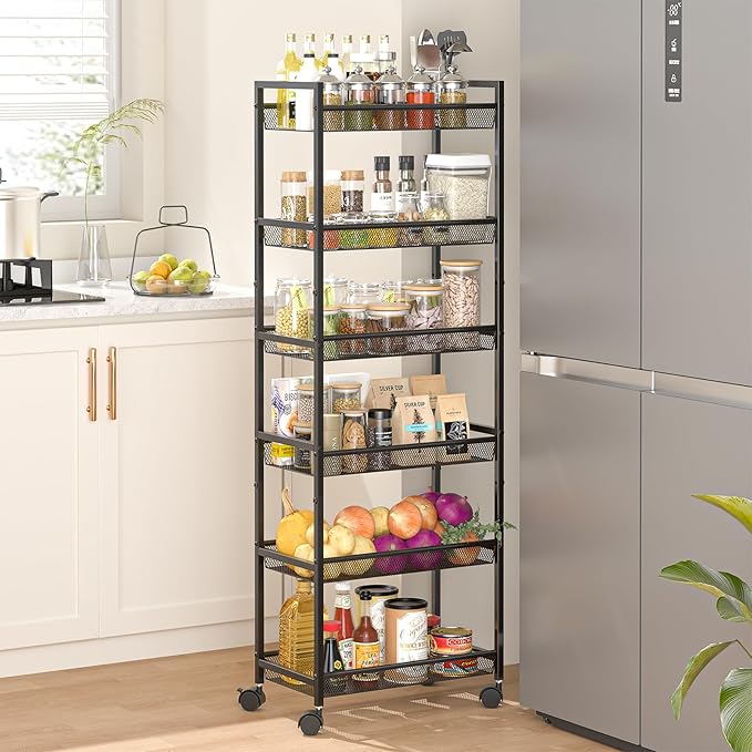 6 Tier Slim Rolling Storage Cart, Narrow Mobile Shelving Unit Organizer Utility Cart with Wheels, Metal Wire Storage Rack with Baskets for Kitchen, Bathroom, Laundry & Living Room, 10in(W) Black
