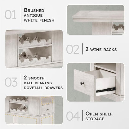 Lexicon 60" Farmhouse Counter Height Dining Table for 6, Solid Wood Frame Acacia Veneer Rectangular Dining Table with Wine Storage, Drawers, and Open Shelves, Brushed Antique White