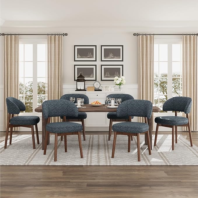 MALOL Wooden Dining Chairs Set of 6, Modern Upholstered Dining Room Chair, Fabric Kitchen Side Chairs with Curved Open Back for Living Room/Restaurant/Cafe, Dark Blue