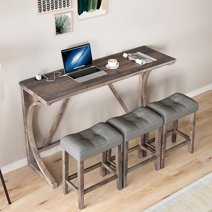 LKTART Dining Bar Table and Chairs Set 4 Piece with Power Outlet, Bar Table Set with 3 Padded Stools, Industrial Breakfast Table Set for Living Room Dining Room Game Room
