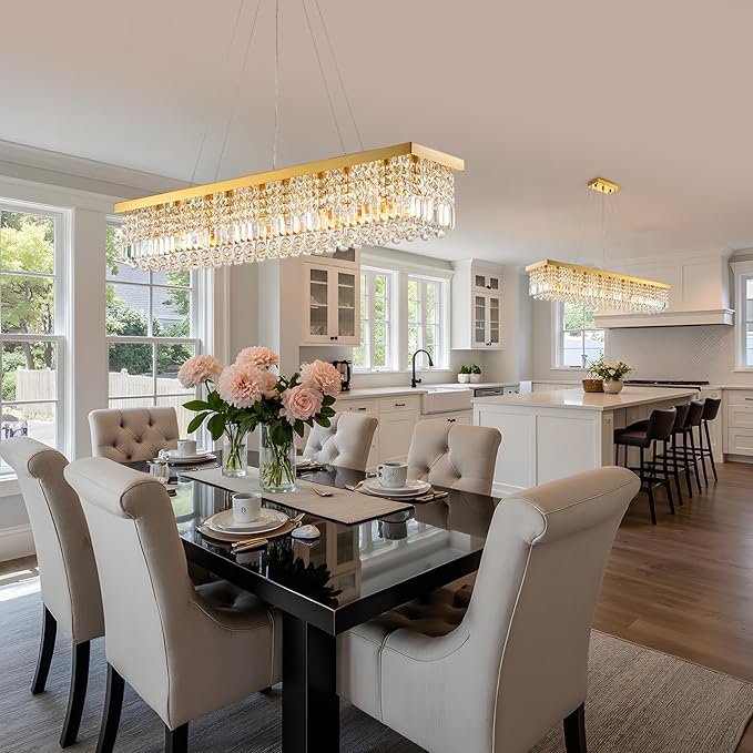 Modern Crystal Chandelier for Dining Room,10-Light K9 Rectangle Farmhouse Chandeliers,Gold Chandeliers,Pendant Light Kitchen Island Bar Bedroom Party Wedding Hotel