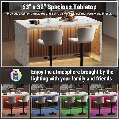 67" Large Modern Rectangle Dining Table for 4-6 People, Imitation Marble Island Table with LED Lights for Kitchen,Dining Room, Bar, Office, Living Room