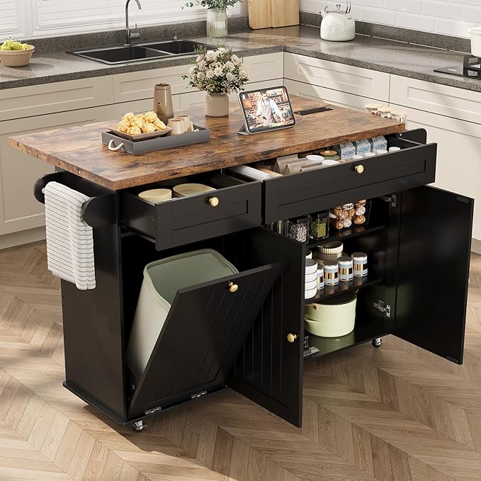 ComfyCorner 60" Rolling Large Kitchen Island on Wheels with Extendable Table, Drop Leaf & Power Outlet, Mobile Kitchen Cart with Storage Cabinet, 2 Drawers, Spice Rack, Towel & Knife Holder, Black