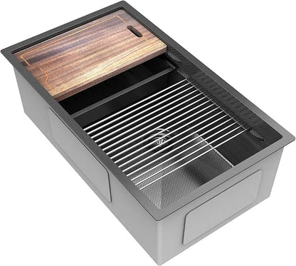 33inch Undermount Kitchen Sink Metal Black - Feibus 33x19x10 with Double Step Workstation 16 Gauge Honeycomb Embossment Stainless Steel Single Bowl