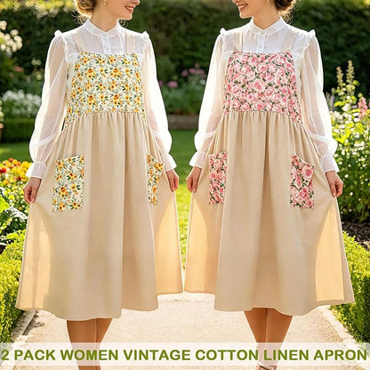Uaussi Cotton Linen Apron Cross Back Work Apron for Women with Pockets Pinafore Dress X Cross Halter Apron for Chef Gardening