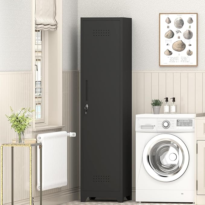 GREATMEET Broom Closet Storage Cabinet, Slim Metal Utility Cabinet, Tall Laundry Room Cabinet for Shop, Living Room, Office, Black