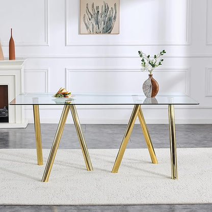 71" Glass Dining Table for 6-8, Modern Dining Room Table with 0.39" Tempered Glass Top and 6 Gold Metal Round Tube Legs, Rectangle Kitchen Dinner Table for Dining Room