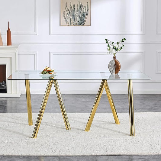 71" Glass Dining Table for 6-8, Modern Dining Room Table with 0.39" Tempered Glass Top and 6 Gold Metal Round Tube Legs, Rectangle Kitchen Dinner Table for Dining Room