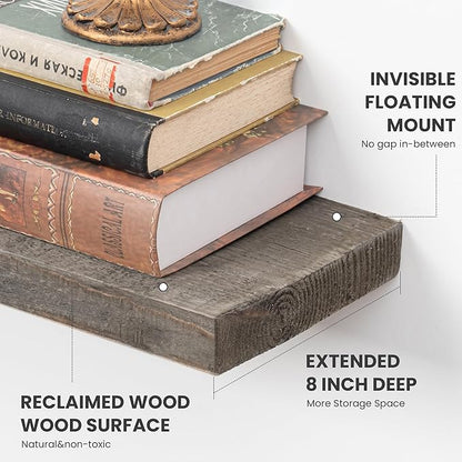 FLYJOE Floating Shelves Reclaimed Barnwood, 8" Deep Solid Wood Floating Shelf Wall Hanging Shelves with Invisible Heavy-Duty Metal Bracket | Wall Mounted | Farmhouse Style | 40 inches,2PCS,Grey